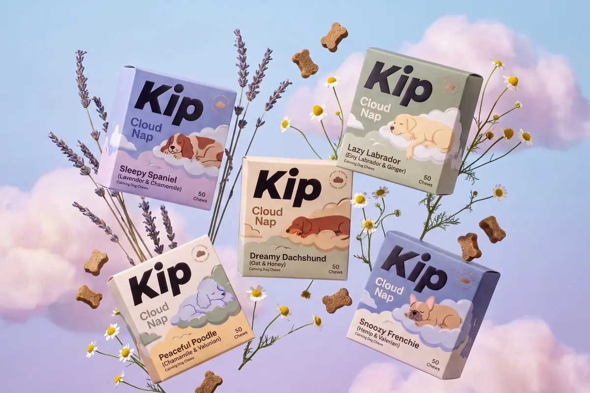 Kip cartons floating among lavender and chamomile sprigs against a pastel sky