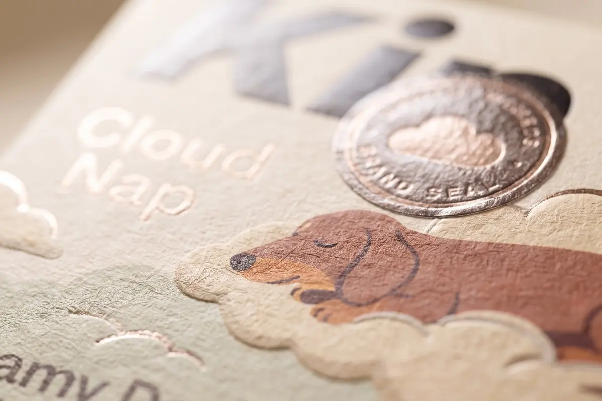 Close-up of the Dreamy Dachshund illustration on the carton: a long dog asleep on a cloud