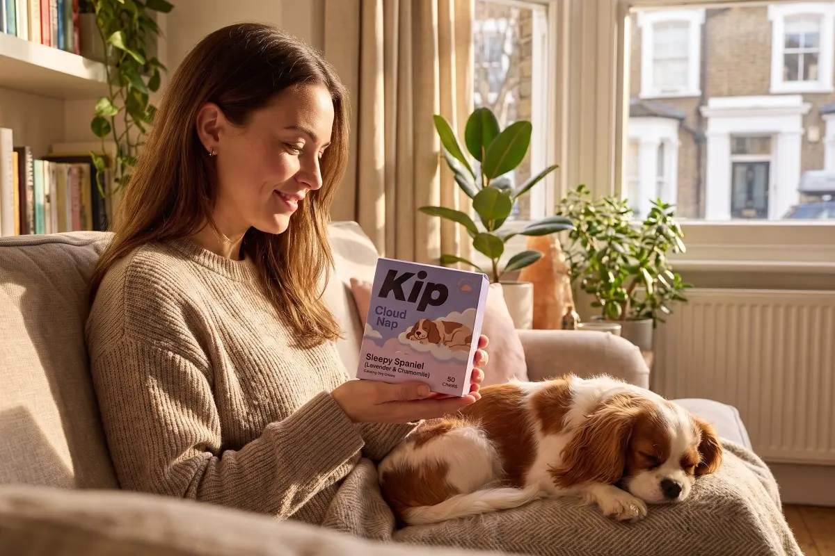 A woman on a sofa holding a Sleepy Spaniel carton while a spaniel naps on her lap