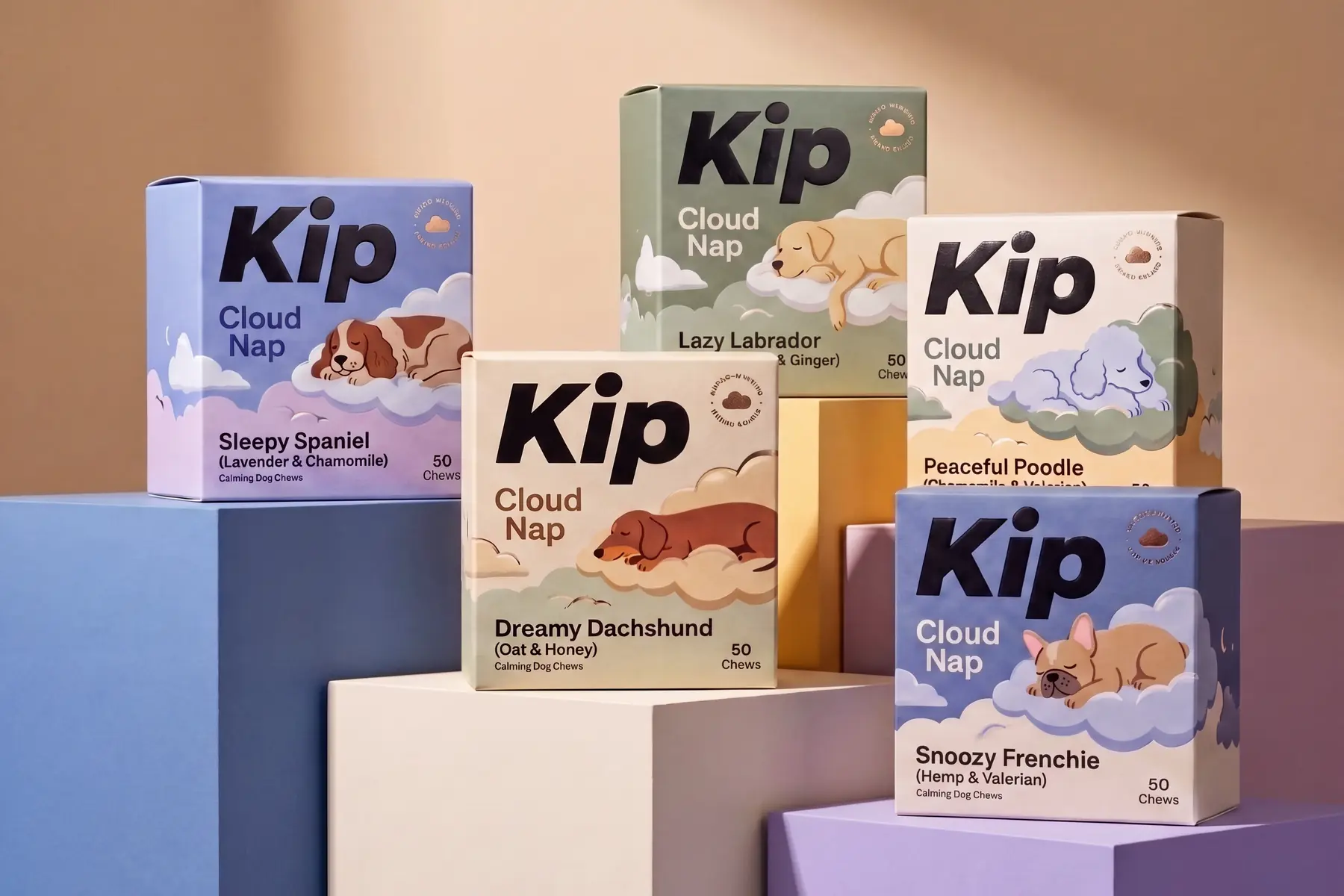 The five Kip Cloud Nap cartons stacked on pastel plinths: Sleepy Spaniel, Dreamy Dachshund, Lazy Labrador, Peaceful Poodle and Snoozy Frenchie